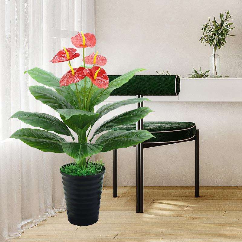 彷真植物当头鸿运客厅摆件落地假花摆设小红掌盆栽装饰彷真花盆景