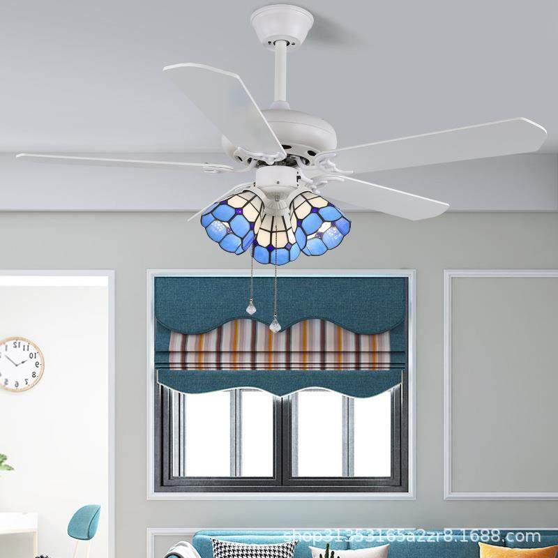 厂家直销地中海风扇灯木叶美式乡村LED风扇吊灯家用餐厅吊扇灯