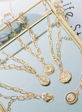 Punk Chunky Chains Geometric Pendant Necklace Round Star Cho