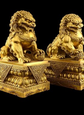 纯黄铜狮子摆件一对宫门北京狮大小号中式门口家居装饰品工艺礼品