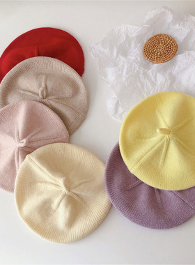 Fashion Baby Hat Solid Color Girls Warm Beret Vintage Knitte