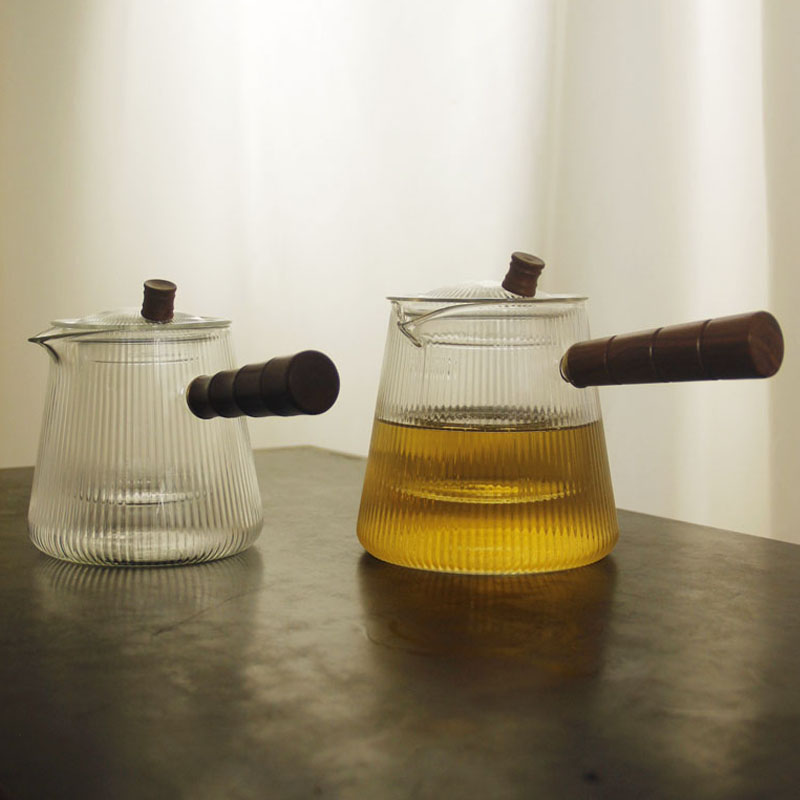 耐热过滤玻璃锤纹泡茶壶侧把煮茶壶实木把手电陶炉可加热蒸煮单壶