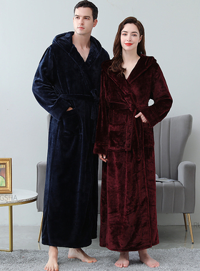 Men Winter Extra Long Warm Flannel Bathrobe Plus Size Coral
