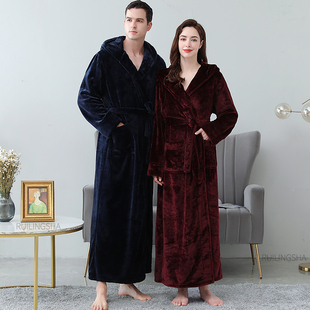 Men Winter Extra Long Warm Flannel Bathrobe Plus Size Coral
