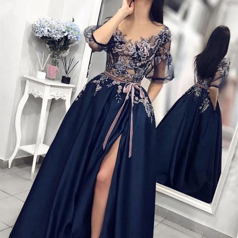 Navy Blue Formal Evening Gown 2022 A-Line Sexy Split Lace Em