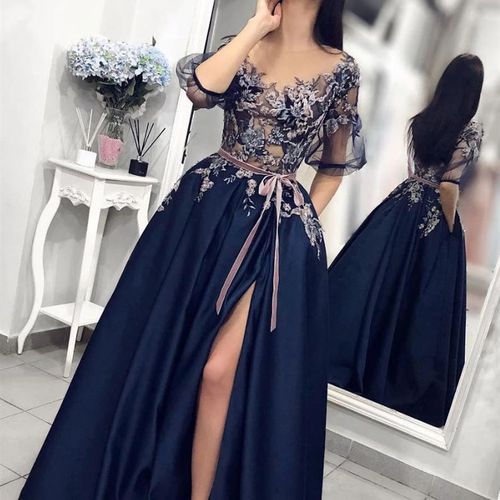 Navy Blue Formal Evening Gown 2022 A-Line Sexy Split Lace Em