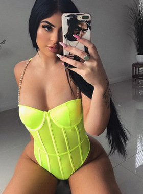 BKLD  Women Metal Chain Spaghetti Strap Neon Green Rompers J