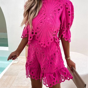 2022 Hollow Out Matching Set Solid Women Summer Zipper O-Nec