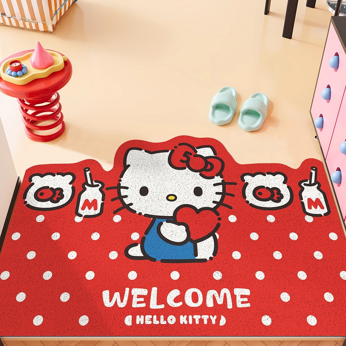 韩系波点凯蒂猫丝圈入户地垫进门玄关家用防滑除尘脚垫可裁剪定制,居家布艺,家用脚垫,淘宝优惠券,粉丝福利购,淘宝优惠卷