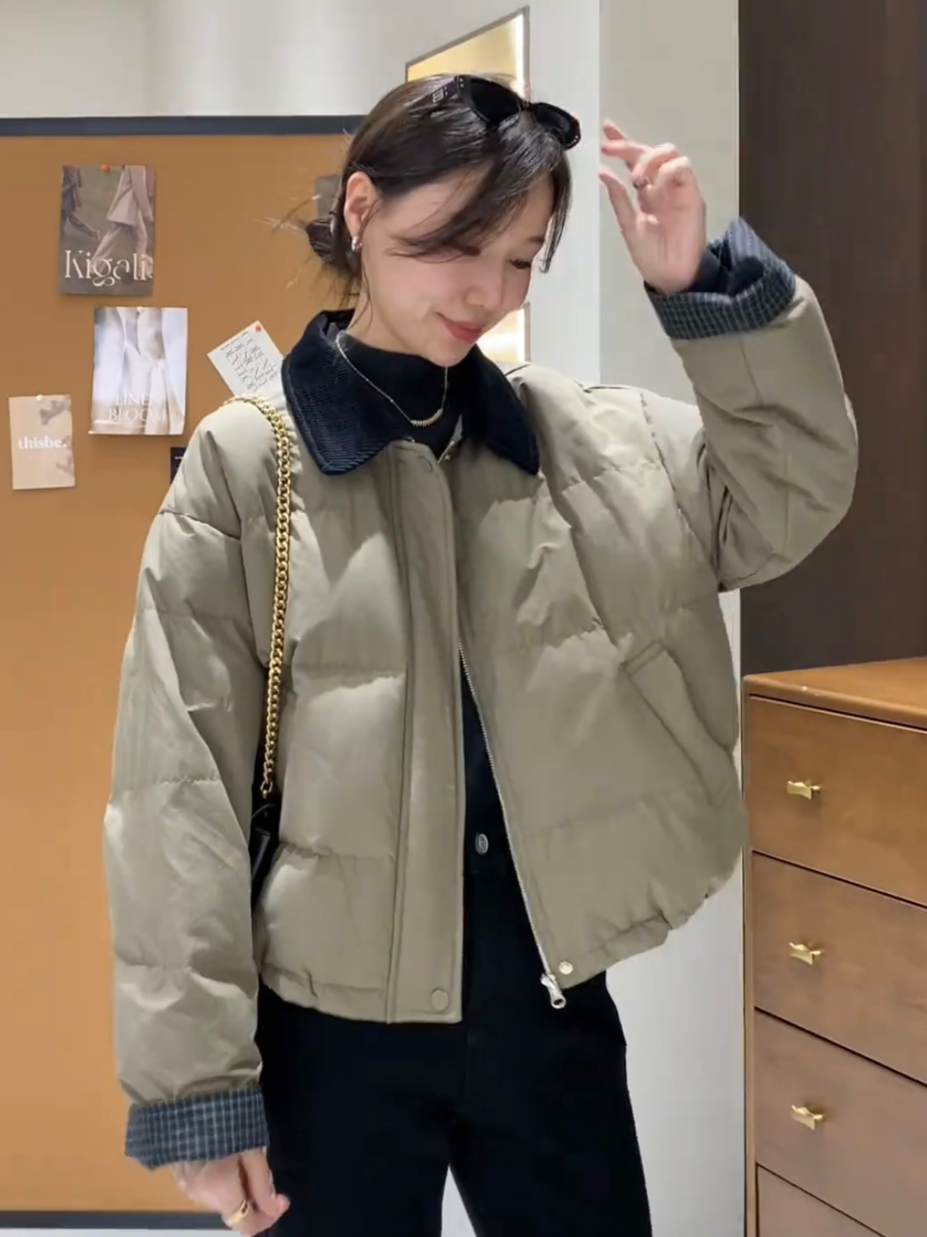 韩版气质减龄灯芯绒拼接翻领短棉服外套女冬季新款保暖面包服棉袄