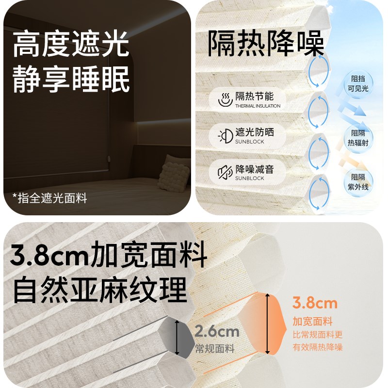 贵品亚麻蜂巢帘窗帘2024新款遮光客厅书房阳台遮阳防晒风琴帘