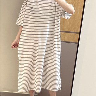 过膝睡裙女夏天针织棉显瘦条纹睡衣大码 日系短袖 胖mm200斤家居服