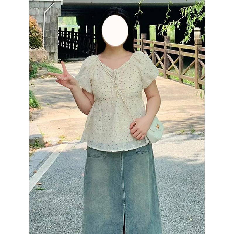 300斤特大码胖mm碎花波点短袖衬衫女夏季薄款女装衬衣泡泡袖上衣