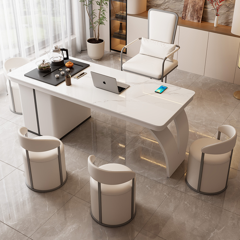 奶油风岩板茶桌椅组合办公室