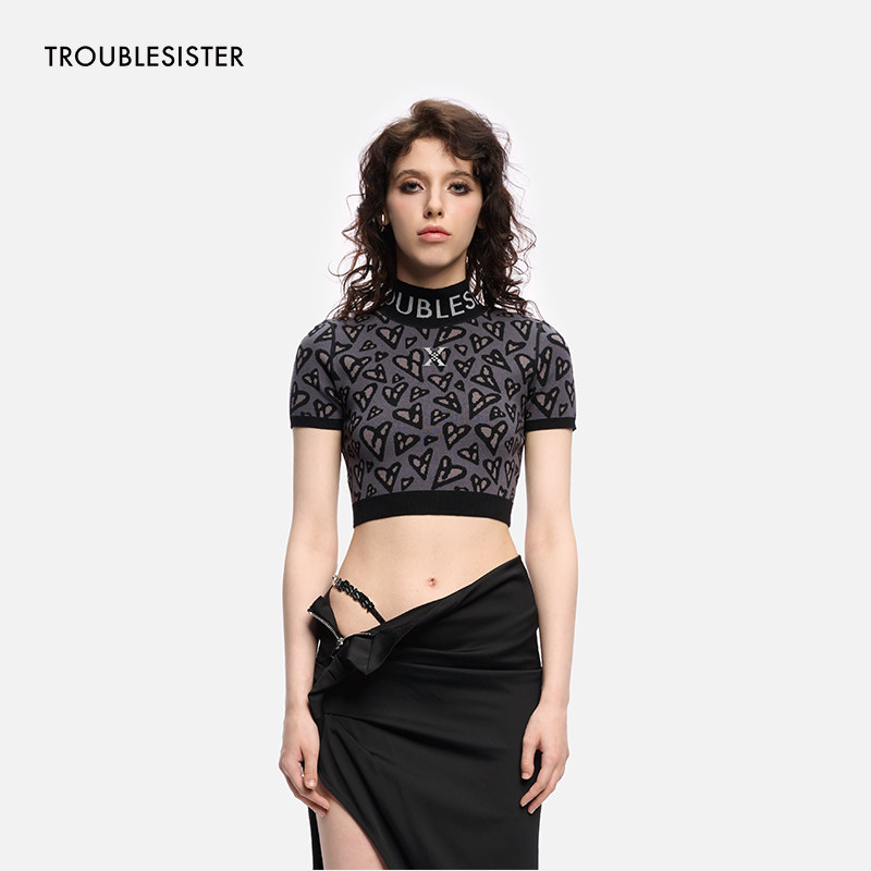 TROUBLESISTER原创豹纹针织截腰短T恤高领修身显瘦烟熏灰辣妹上衣