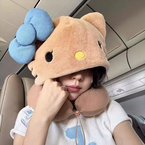 HelloKittyu型枕蓝色蝴蝶结连帽记忆棉护颈枕出游乘车遮光神器女
