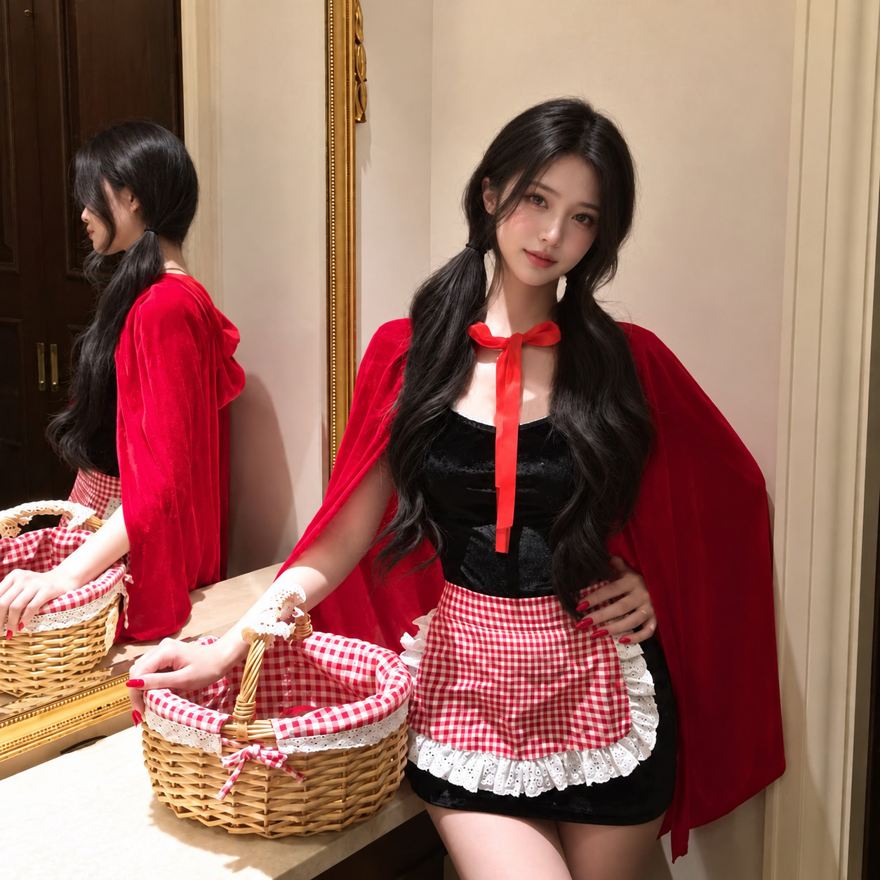 小红帽cos服装斗篷丝绒系带披肩短裙篮子拍照道具套装圣诞穿搭女