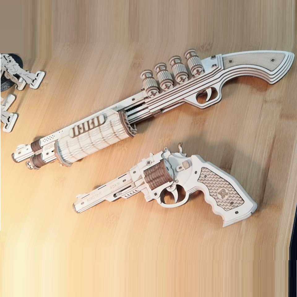 若态若客木质3d立体拼图左轮手枪霰弹枪模型AK47铁塔火车模型