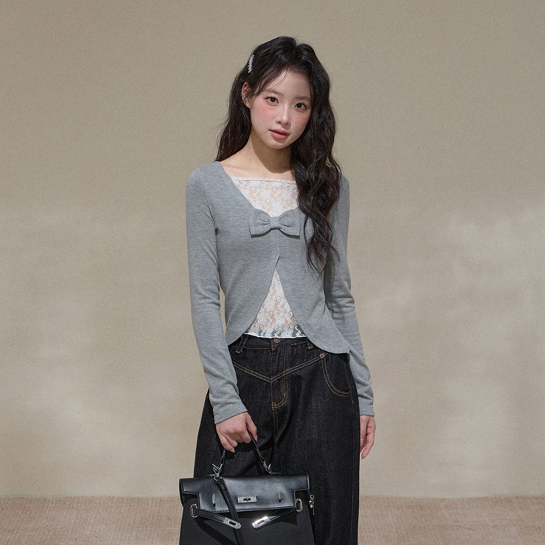 NCXK-蝴蝶结蕾丝镂空拼接前后两穿长袖T恤设计感修身百搭CX25137