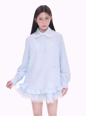 NCXK-蕾丝花边条纹衬衫裙甜美娃娃裙短裙长袖连衣裙QZ25030