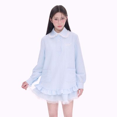 NCXK-蕾丝花边条纹衬衫裙甜美娃娃裙短裙长袖连衣裙QZ25030