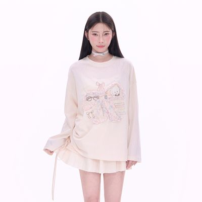 NCXK-彩色织带蝴蝶结长袖罩衫手绘印花侧边抽绳宽松T恤CX25014