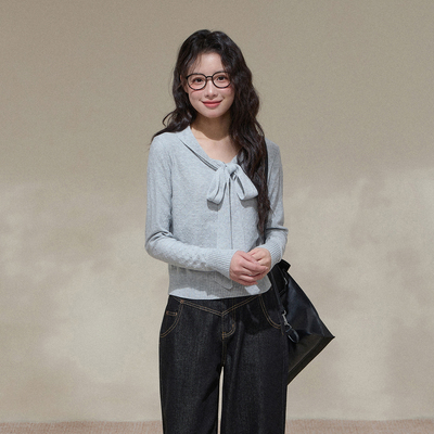 NCXK-设计感浮雕钩花飘带蝴蝶结针织衫秋季甜美百搭上衣MY25120