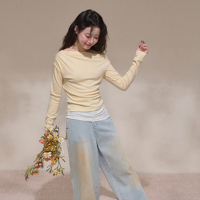 NCXK-早秋蕾丝拼接假两件长袖针织T恤荡领斜肩收腰显瘦CX25114