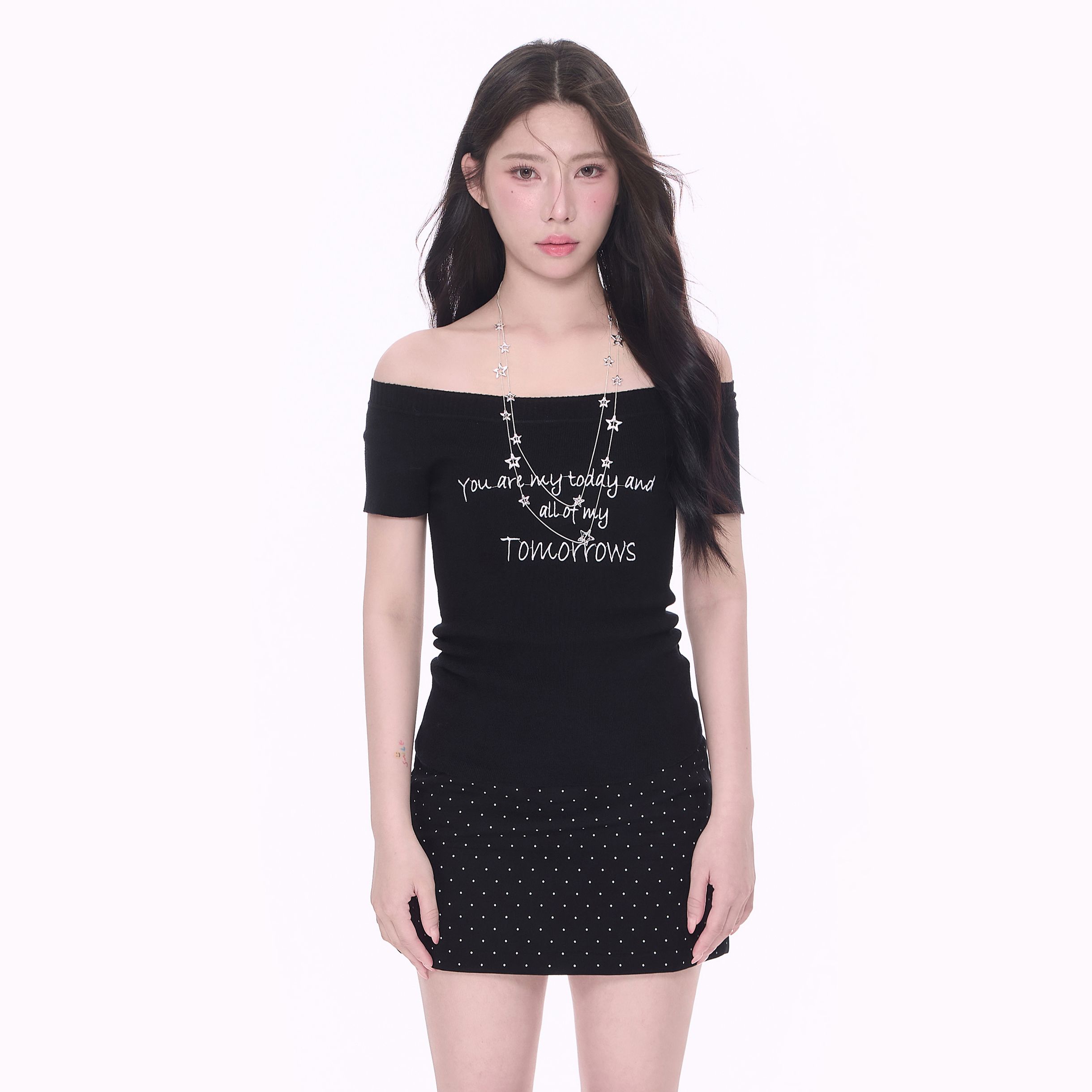 NCXK-手写字母刺绣针织短袖修身百搭大圆领一字肩两穿DX25086