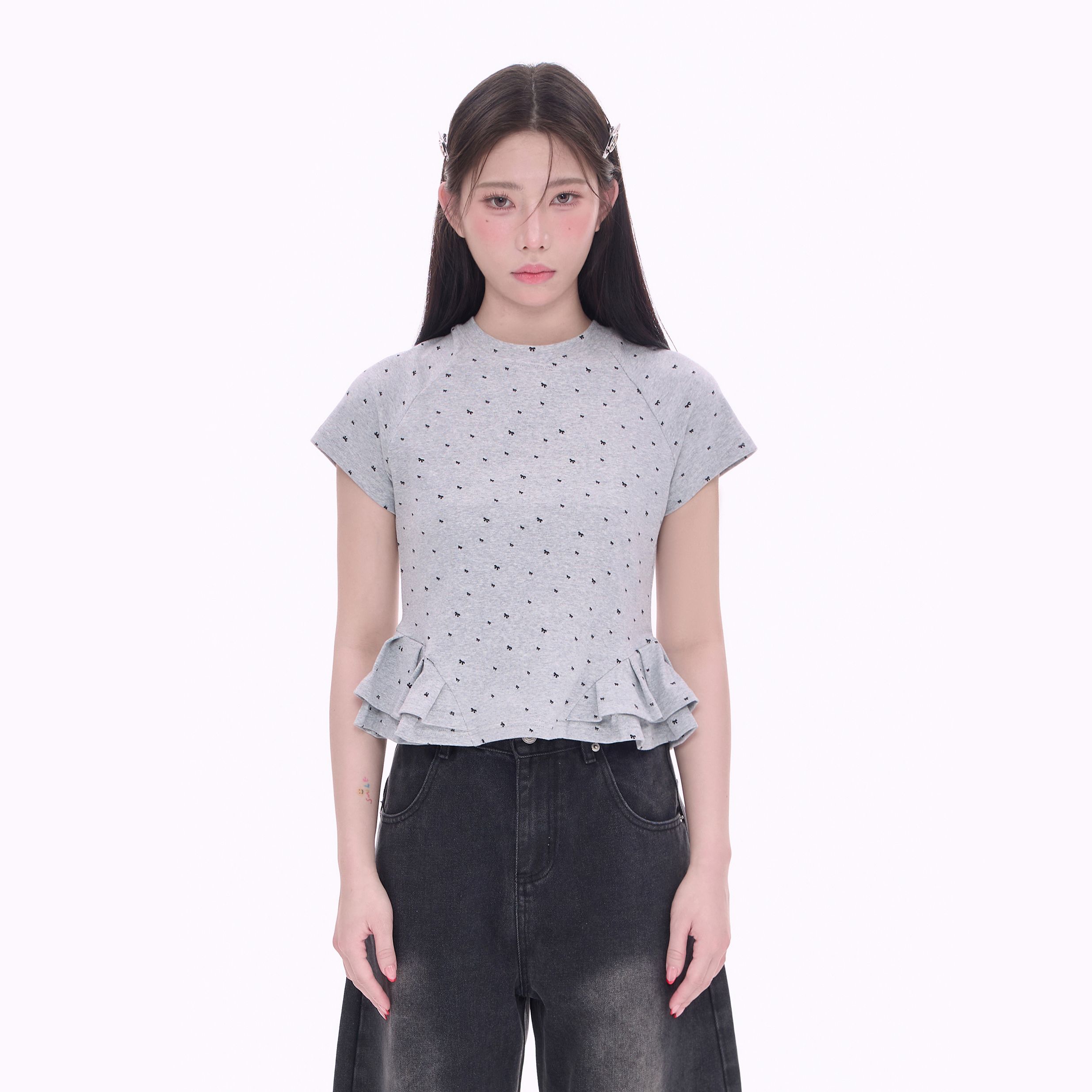 NCXK-定制满印蝴蝶结短袖双层手工捏褶花边修身甜美显瘦DX25017