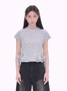 NCXK-定制满印蝴蝶结短袖双层手工捏褶花边修身甜美显瘦DX25017