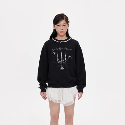 NCXK-美式复古烛台印花卫衣圆领拼接花边少女氛围感宽松WY264