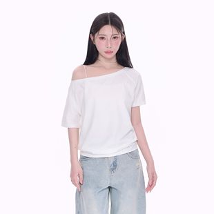 纯色极简一字斜肩两穿短袖 NCXK T恤百搭宽松休闲显瘦百搭DX25062