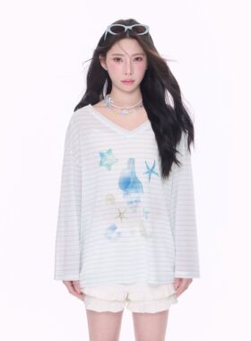 NCXK-海螺印花条纹长袖罩衫海边度假T恤休闲百搭夏季 CX25087