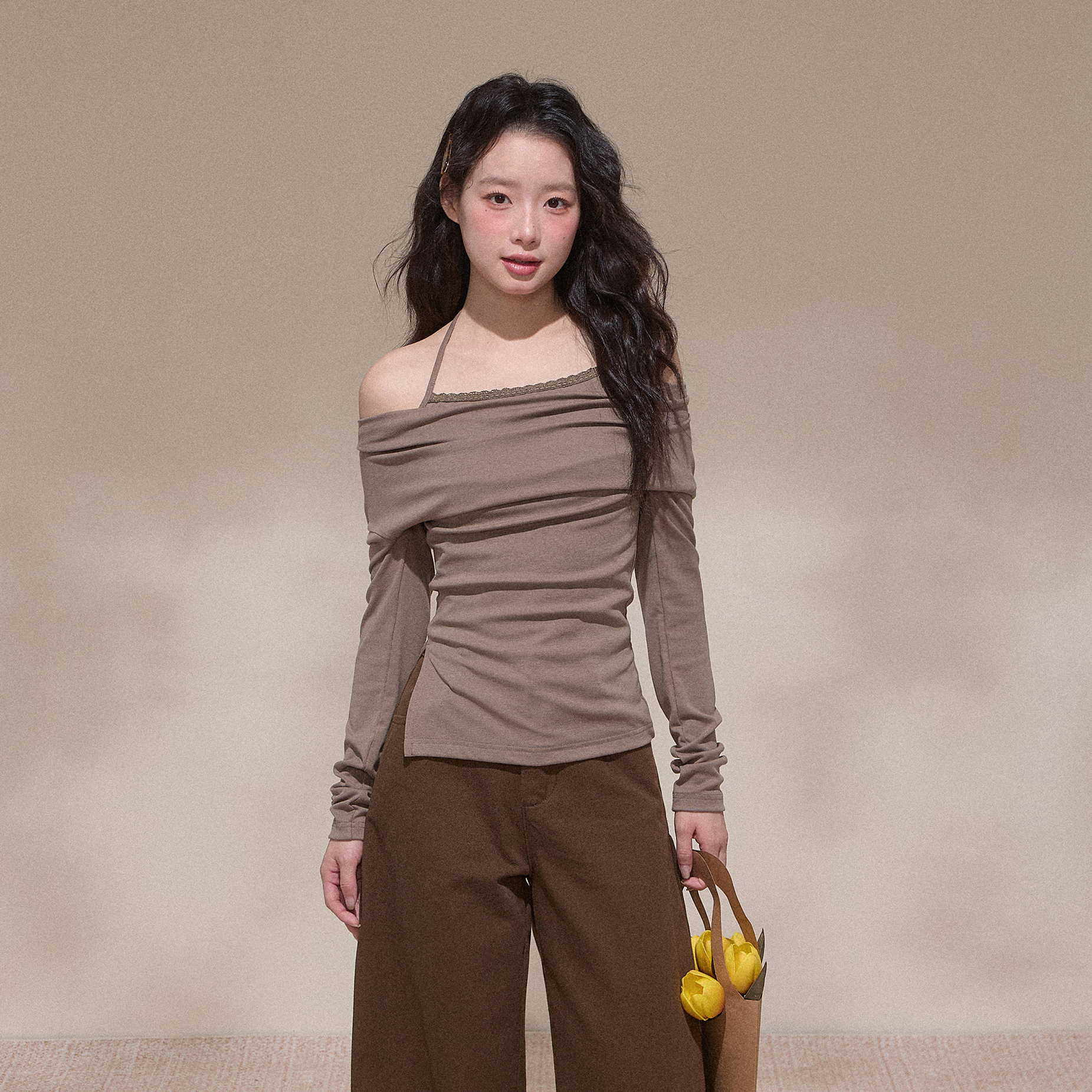 NCXK-早秋法式荡领假两件一字肩挂脖长袖T恤收腰显瘦CX25116