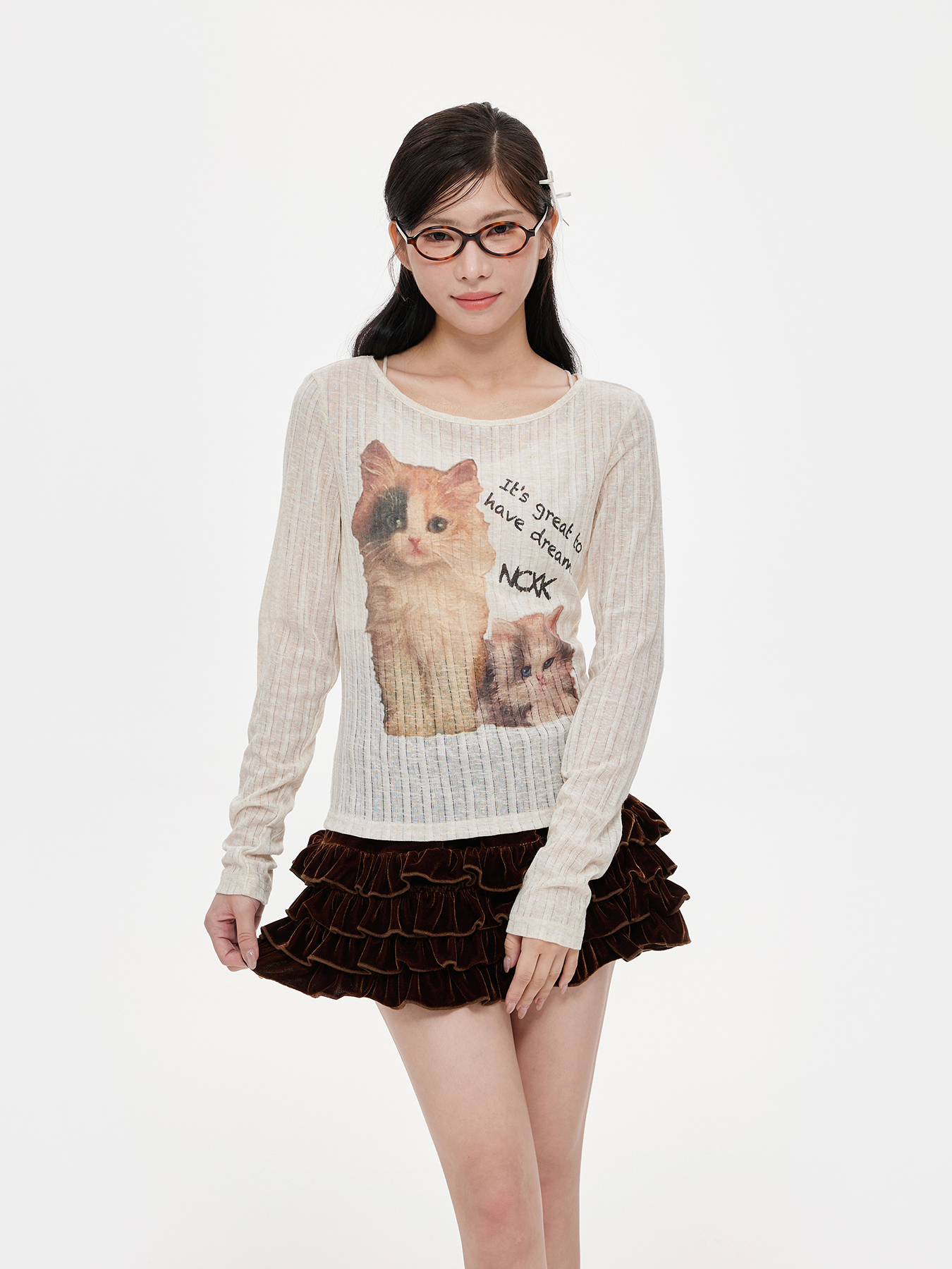 NCXK纯欲感微透修身猫猫印花薄长袖T恤夏季辣妹显瘦纸片人CX205