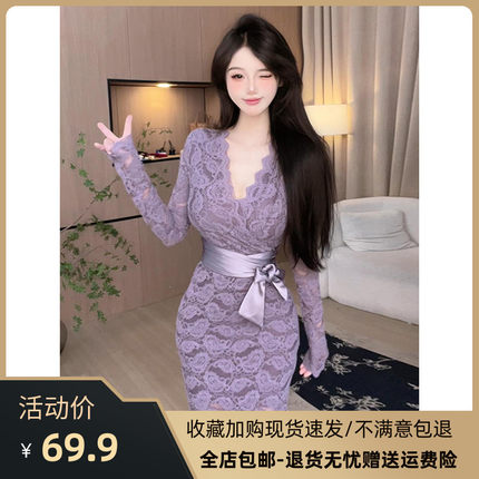 性感纯欲V领绑带长袖连衣裙女秋冬新款修身显瘦蕾丝包臀辣妹长裙