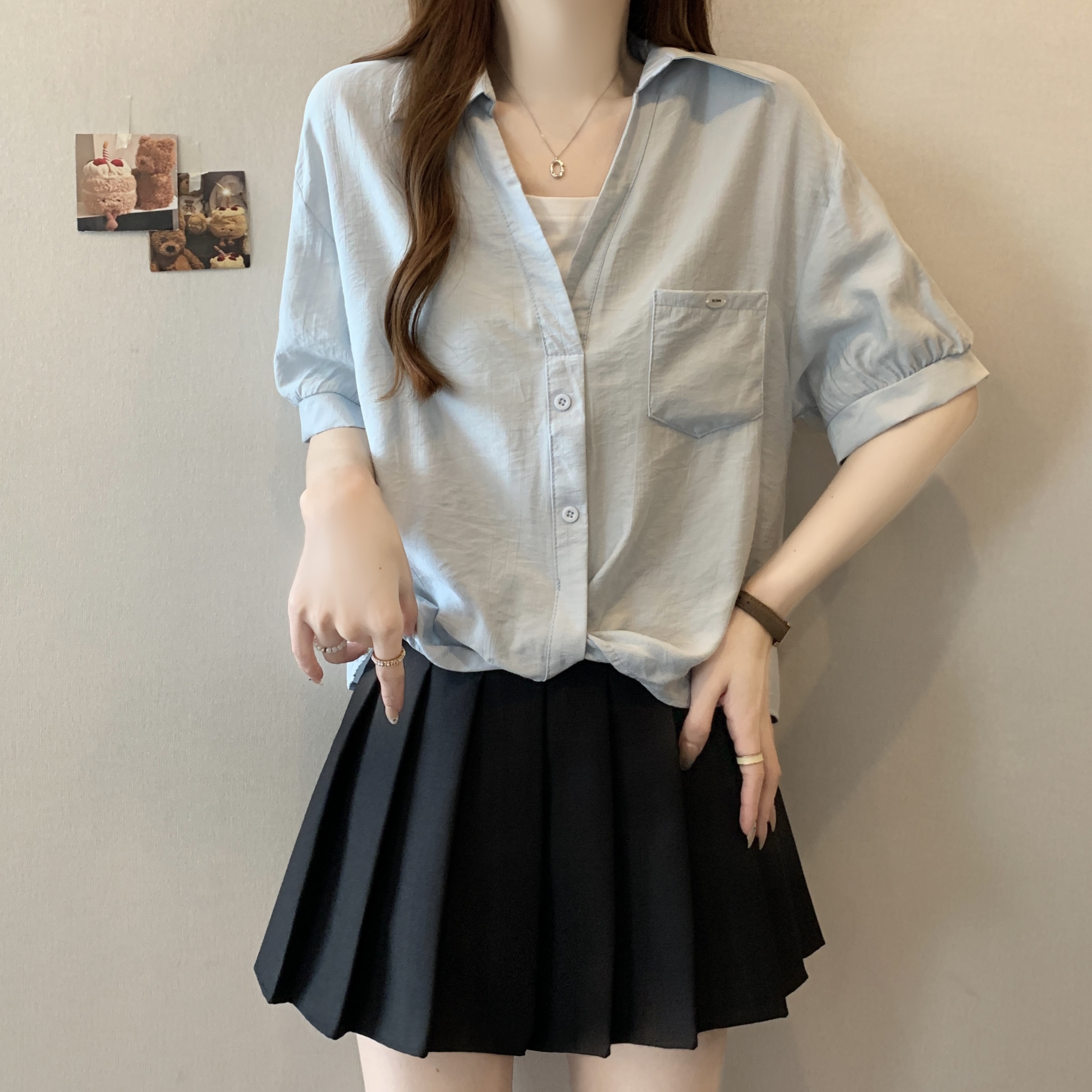 大码女装胖mm别致浅蓝色短袖衬衫2025夏季新款宽松遮肚子雪纺上衣