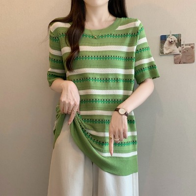 夏季冰丝短袖T恤2025新款大码女装胖mm宽松遮肚别致提花针织上衣
