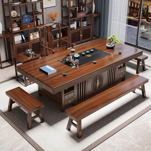 实木原木大板茶桌椅组合一桌五椅办公室新中式家用简约茶几泡茶台