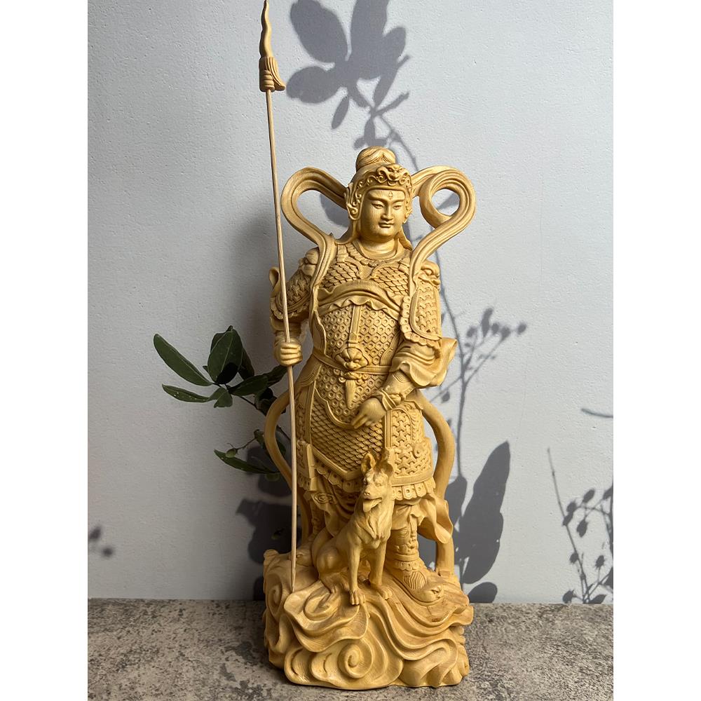 桧木黄杨木雕杨戬二郎神真君人物神像客厅摆件手把件哮天犬工艺品