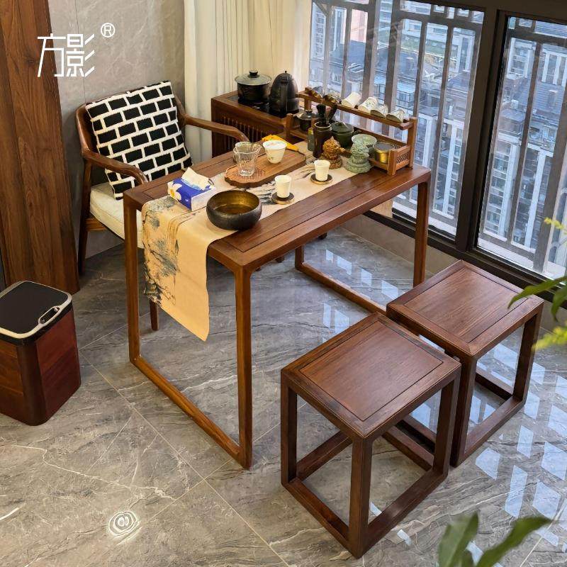 方影新中式实木茶桌椅组合阳台客厅家用茶台简约现代黑胡桃木茶桌
