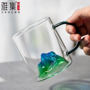 雅集茶具玻璃观山杯带把手千里江山青绿玻璃茶杯办公家用水杯