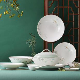 华光国瓷 骨瓷餐具套装碗碟套装中式家用碗盘碟餐具套组礼盒 青亭