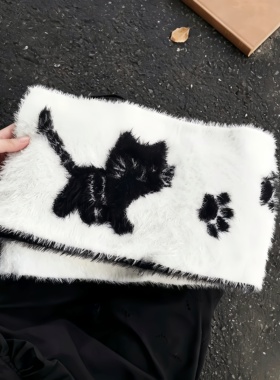 黑白双面小猫毛绒围巾加厚