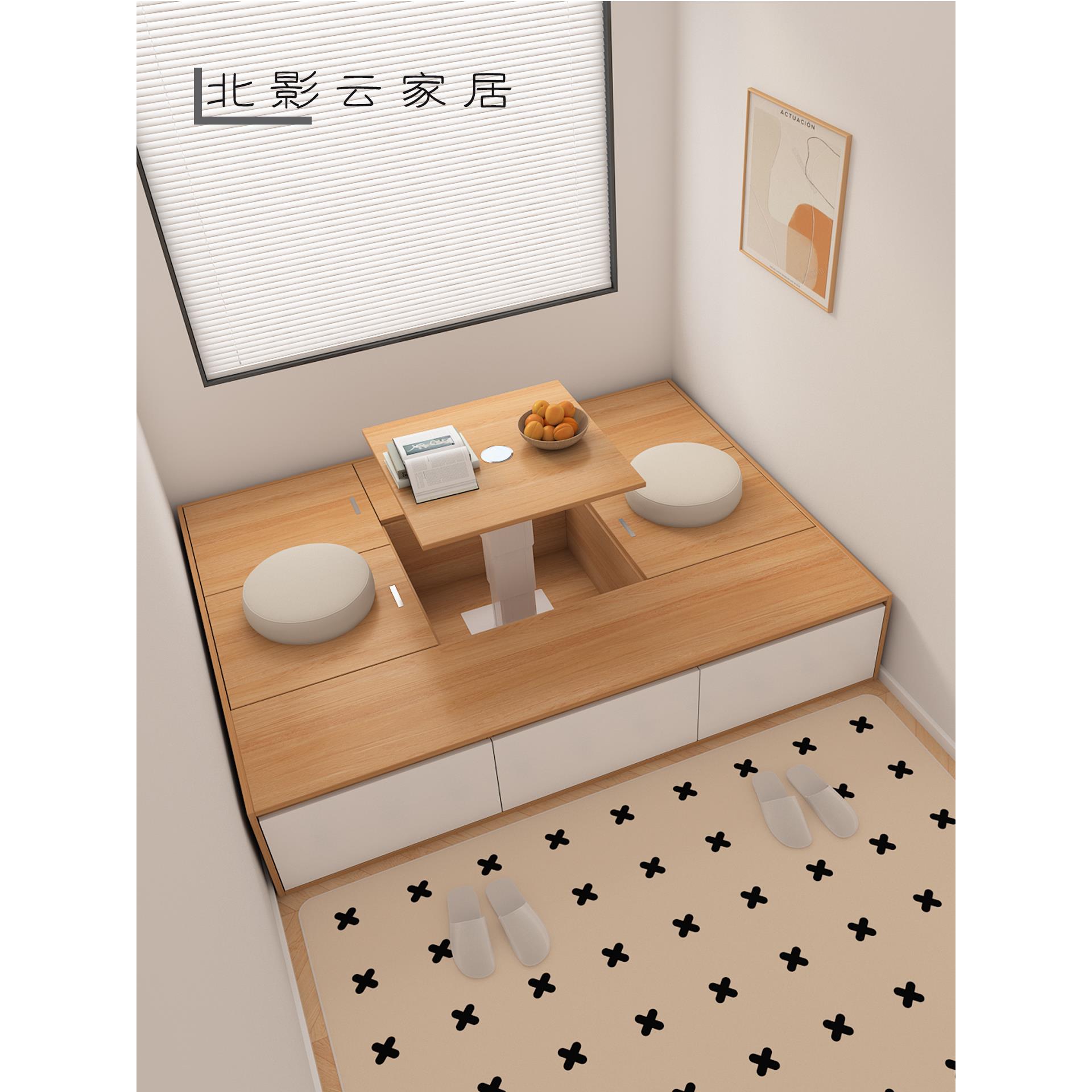 定制实木榻榻米床与升降桌存储小公寓现代简单的高盒子抽屉单人床