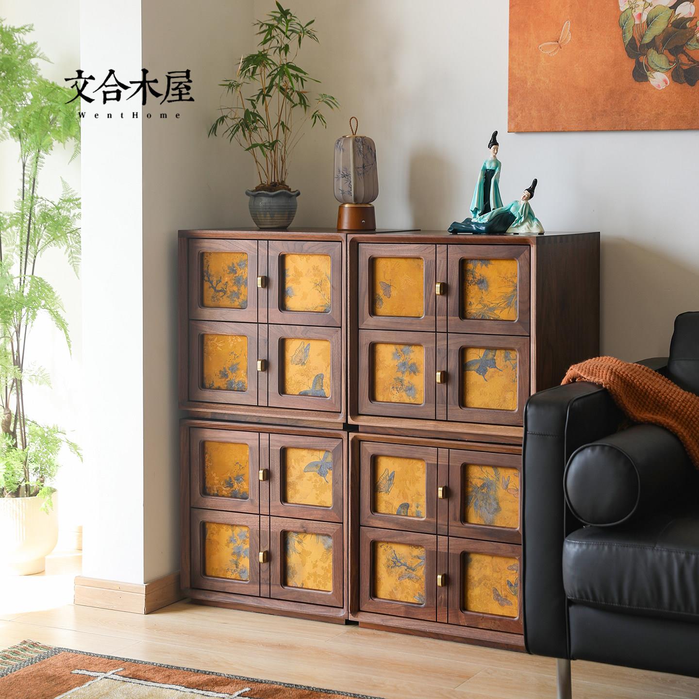 文合木屋 宋式美学黑胡桃香云纱斗柜新中式电视柜模块组合柜边柜