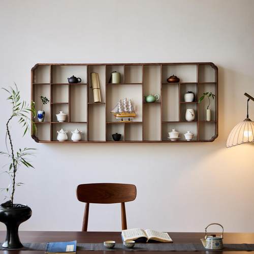 黑胡桃木实木壁挂多宝阁茶室茶杯茶茶壶具墙上置物架格子架博古架