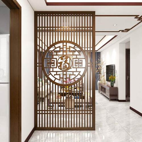 新中式实木屏风入户隔断客厅玄关福字双面镂空座屏家用遮挡格栅栏