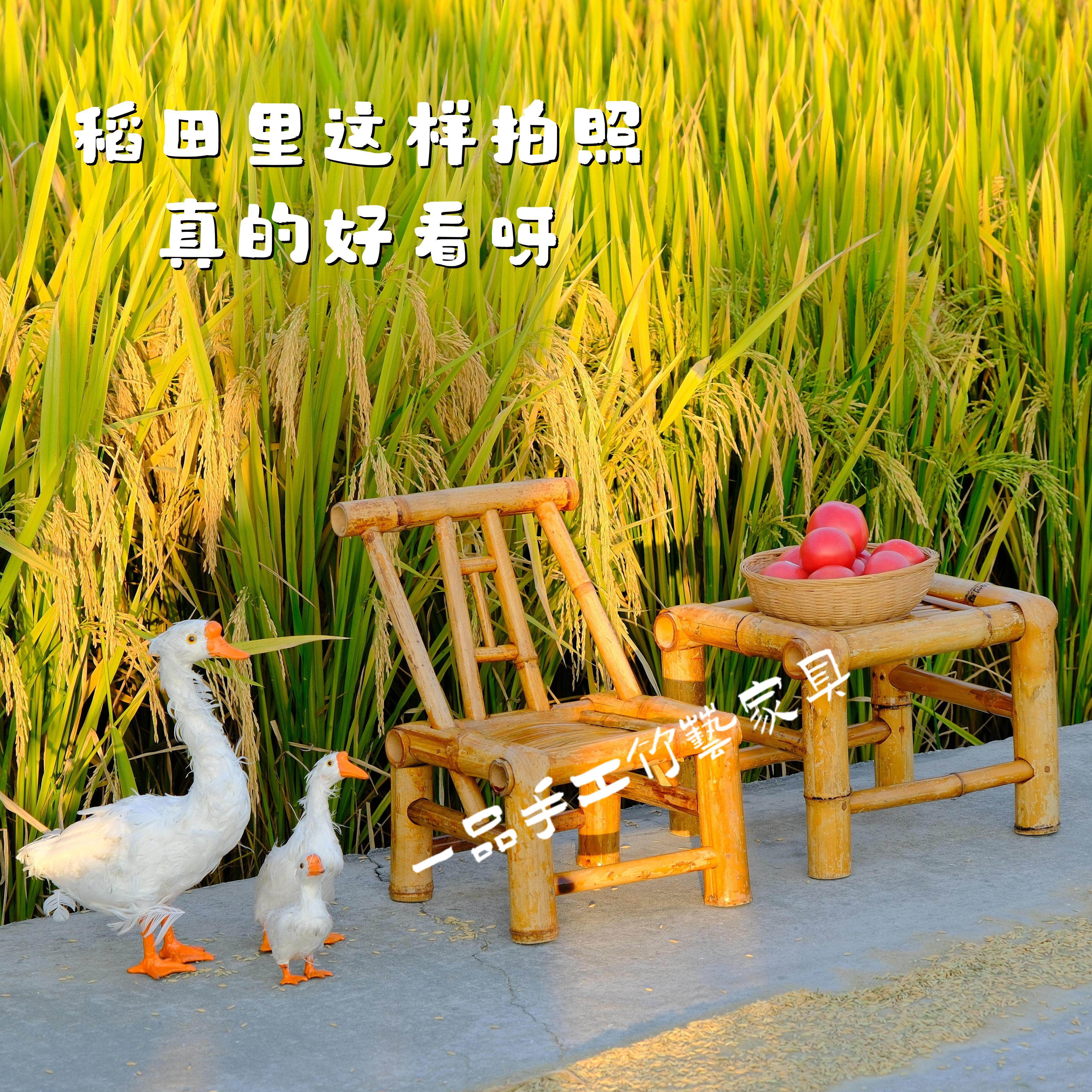 中式儿童竹椅小椅子抓周拍照道具户外茶几稻田风竹编小桌子矮凳子